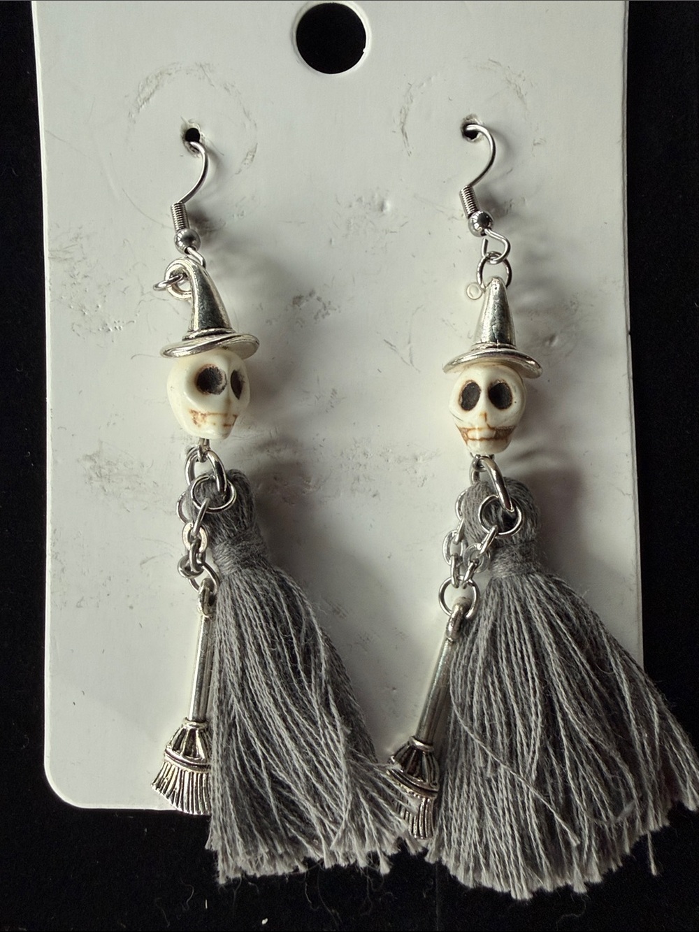 Witch with broom Skull Tassel Drop Earrings - Gray